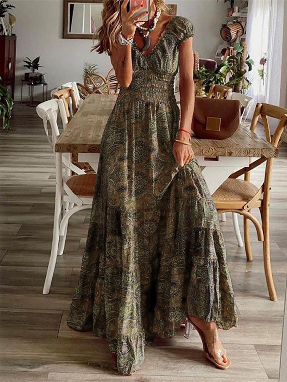 Full Size Smocked Printed V-Neck Short Sleeve Dress - Siennasass