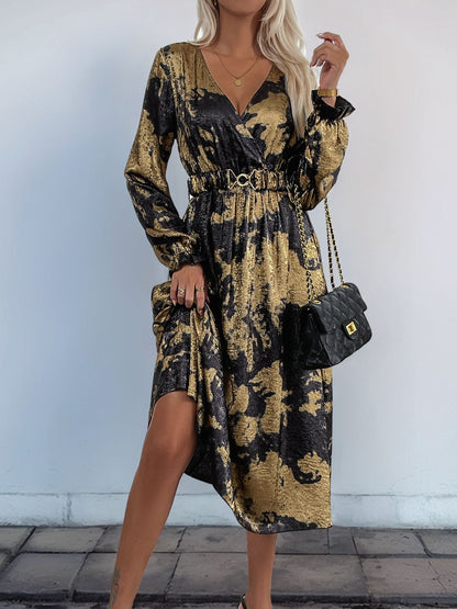 Perfee – Bedrucktes, langärmliges Midikleid mit Überwurf