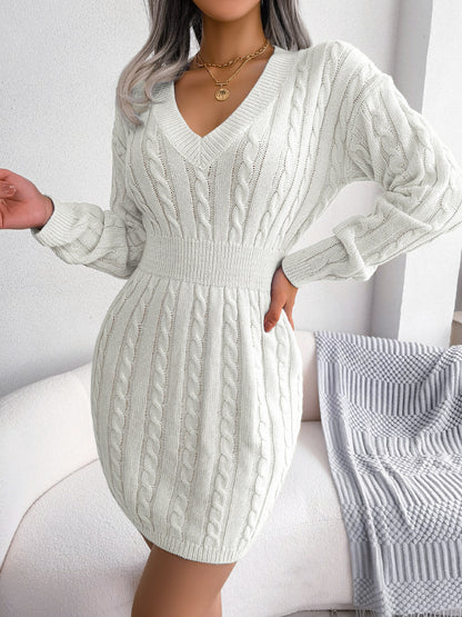 Cable-Knit V-Neck Mini Sweater Dress - Siennasass