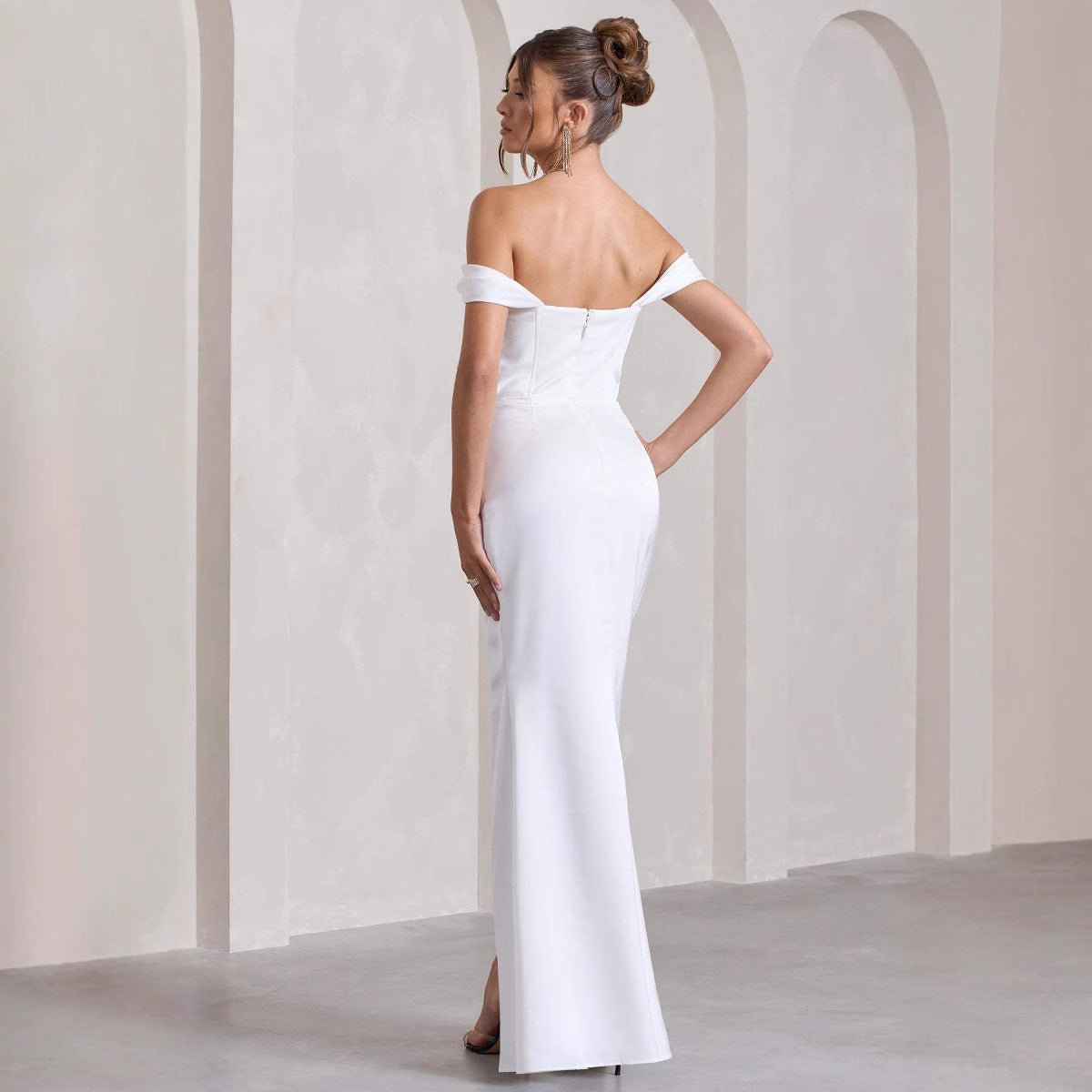 Backless Off-shoulder Slit Pleated Fashion Sexy Dress