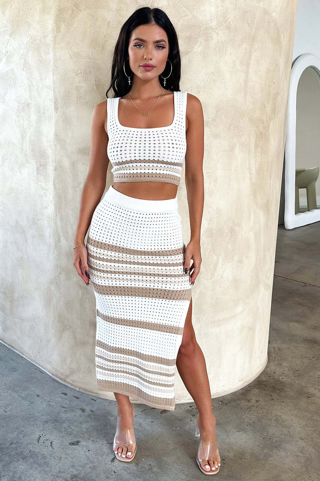 Summer New Sleeveless Vest Sexy Slit Striped Skirt Knitting Suit