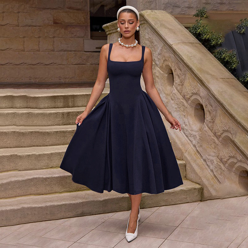 Sling Square Collar Sexy Backless Waist Trimming Dress