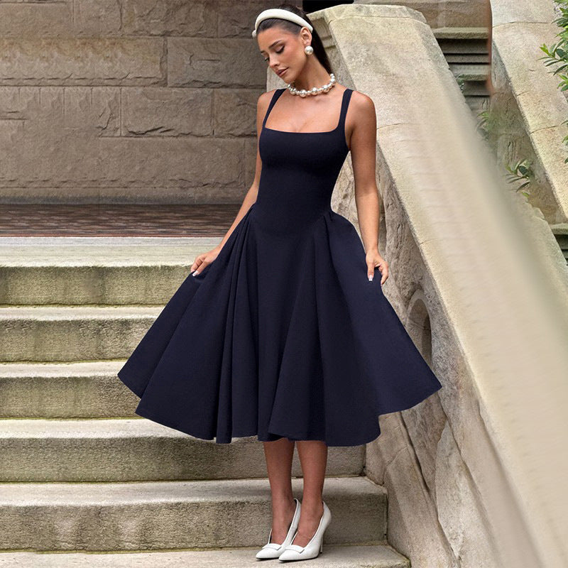 Sling Square Collar Sexy Backless Waist Trimming Dress