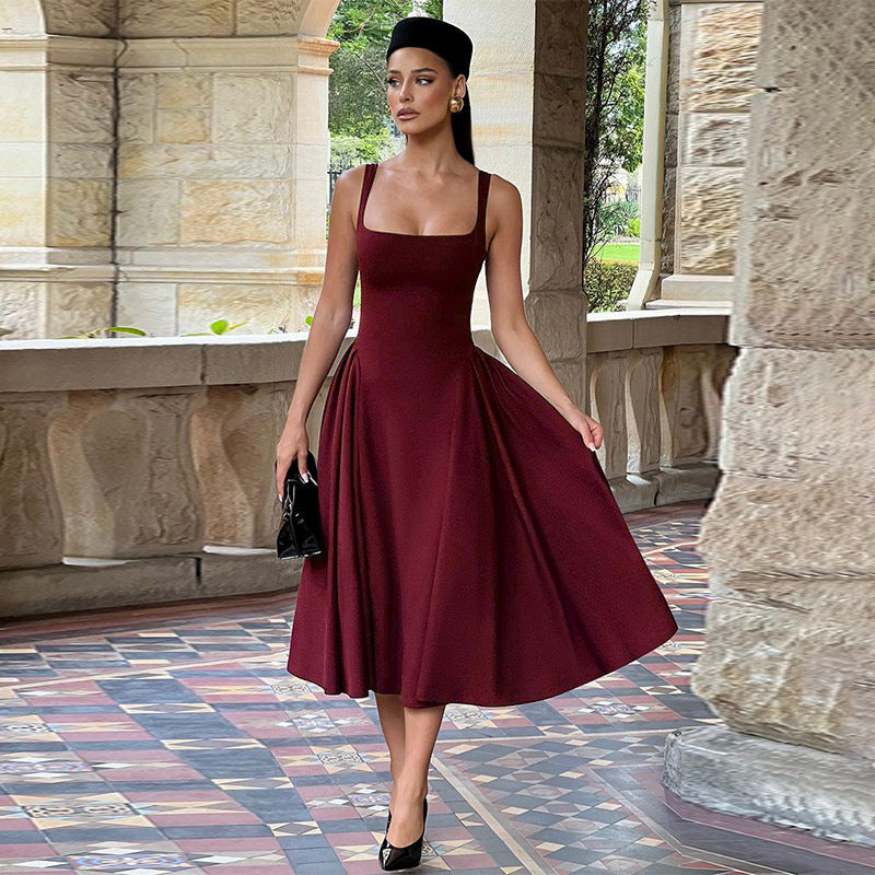 Sling Square Collar Sexy Backless Waist Trimming Dress