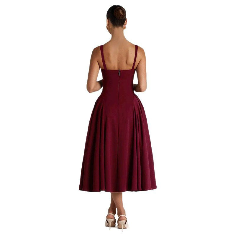 Sling Square Collar Sexy Backless Waist Trimming Dress