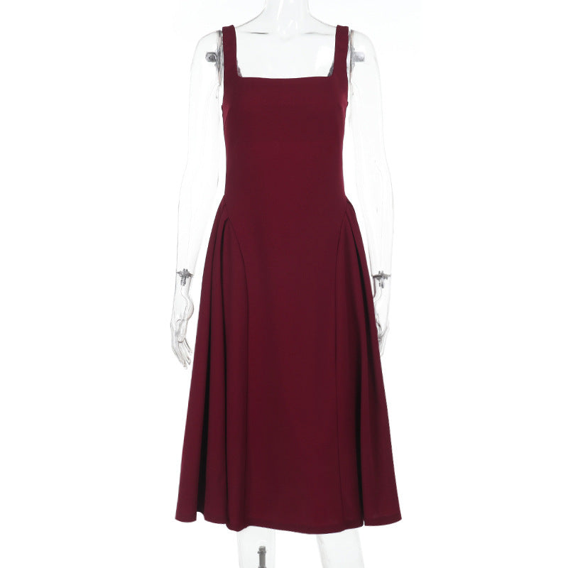 Sling Square Collar Sexy Backless Waist Trimming Dress