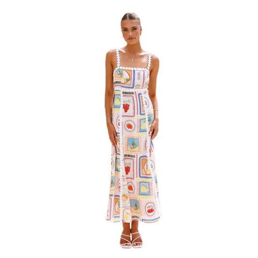 Off-neck Lace Printing Fashion Suspenders Dress