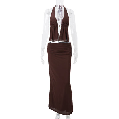 Halter Cut-out Tied Top High Waist Hip Skirt Suit