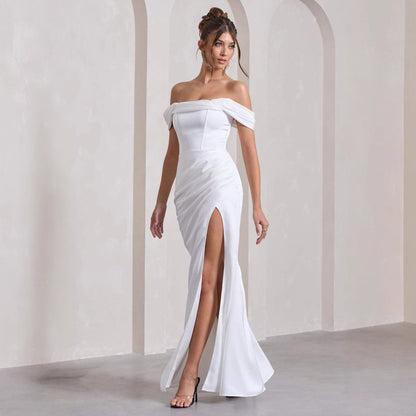 Backless Off-shoulder Slit Pleated Fashion Sexy Dress