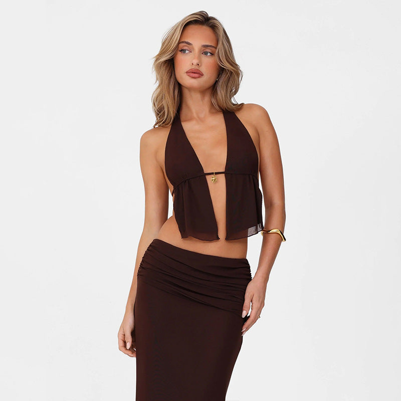 Halter Cut-out Tied Top High Waist Hip Skirt Suit