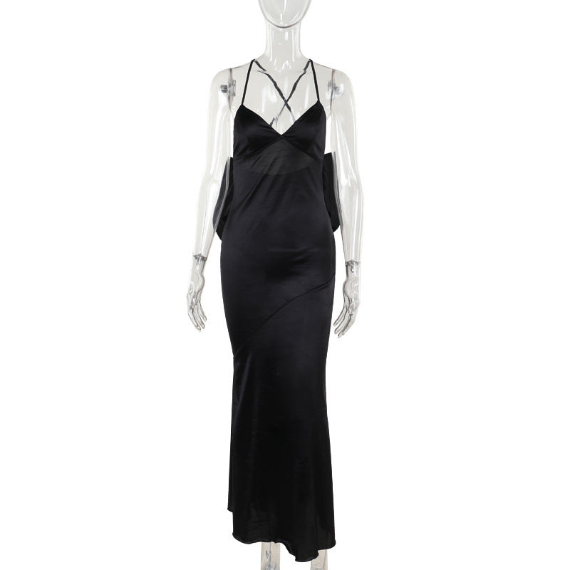 Elegant Satin Strappy Bow Dress