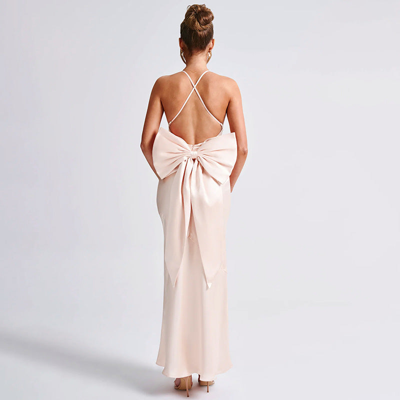 Elegant Satin Strappy Bow Dress