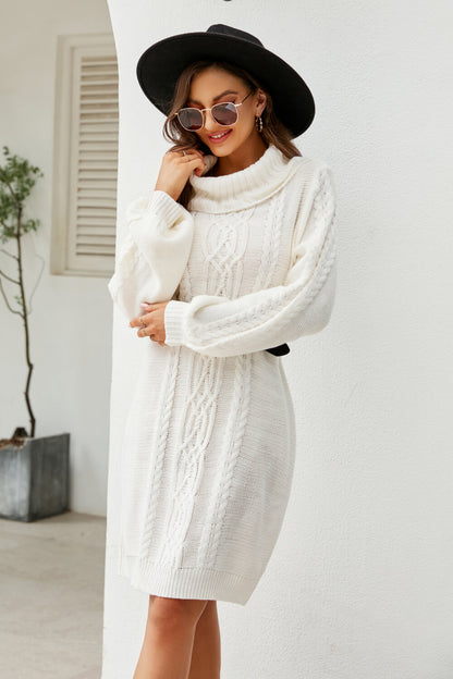 Woven Right Mixed Knit Turtleneck Lantern Sleeve Sweater Dress - Siennasass