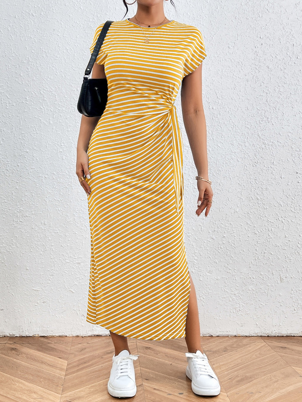 Tied Striped Round Neck Short Sleeve Tee Dress - Siennasass