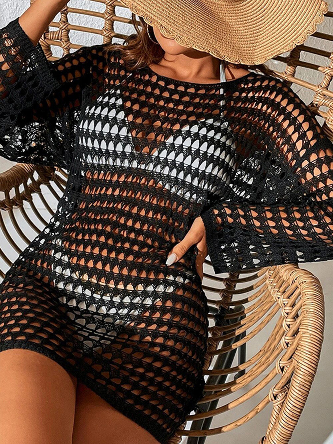 Openwork Boat Neck Long Sleeve Cover-Up - Siennasass