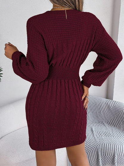 Cable-Knit Cutout Round Neck Slit Sweater Dress - Siennasass
