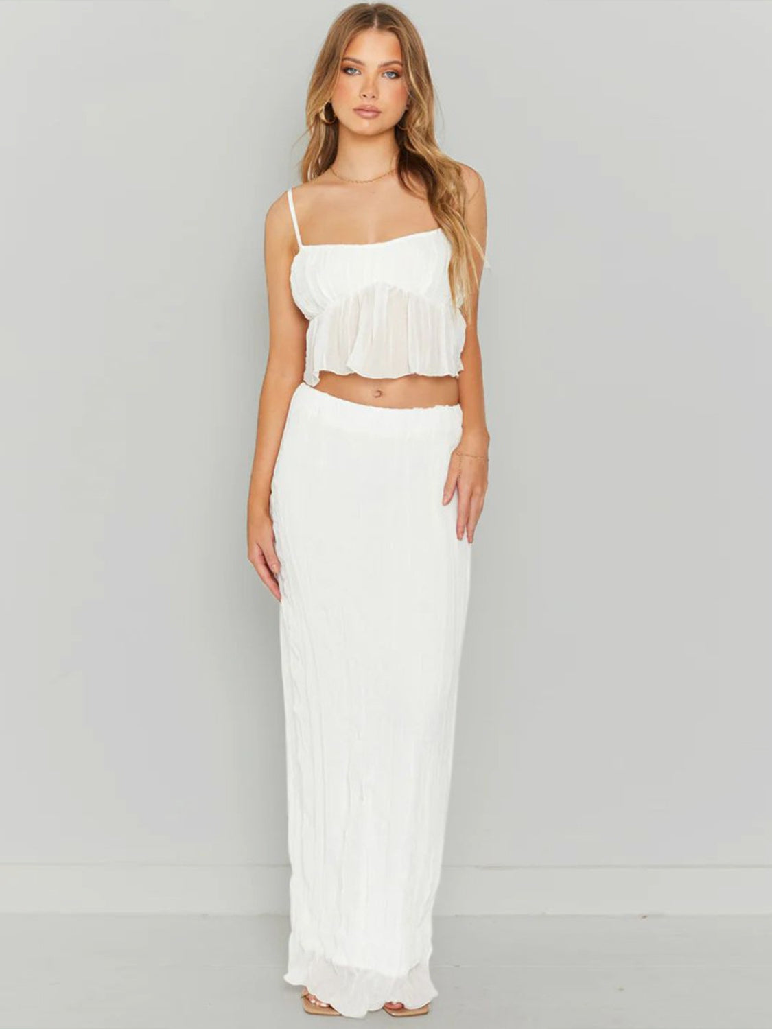 Square Neck Sleeveless Top and Ruched Skirt Set - Siennasass