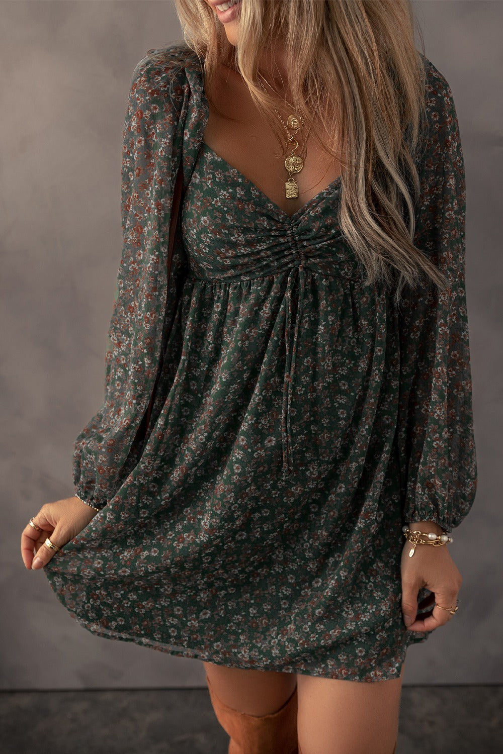 Ruched Printed Long Sleeve Mini Dress - Siennasass
