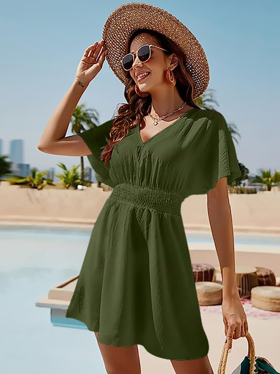 Smocked V-Neck Short Sleeve Dress - Siennasass