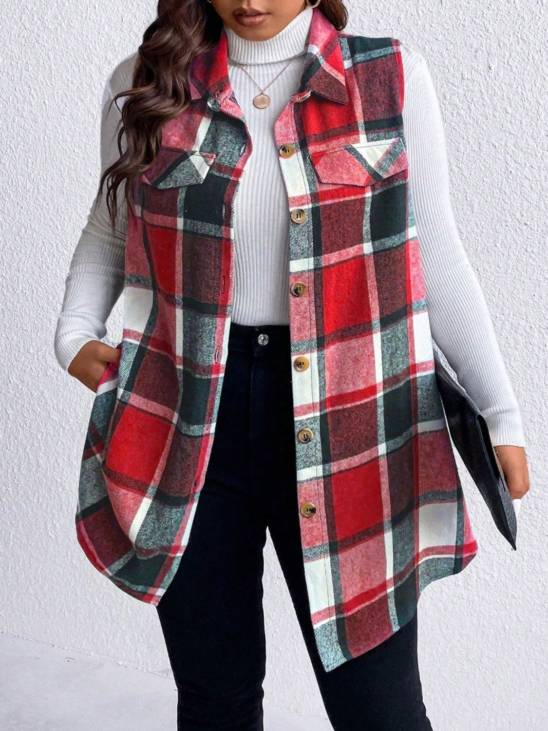 Honey Plus Size Pocketed Plaid Button Up Vest Coat - Siennasass
