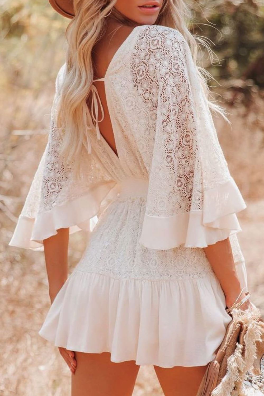 Lace Cutout Surplice Half Sleeve Dress - Siennasass