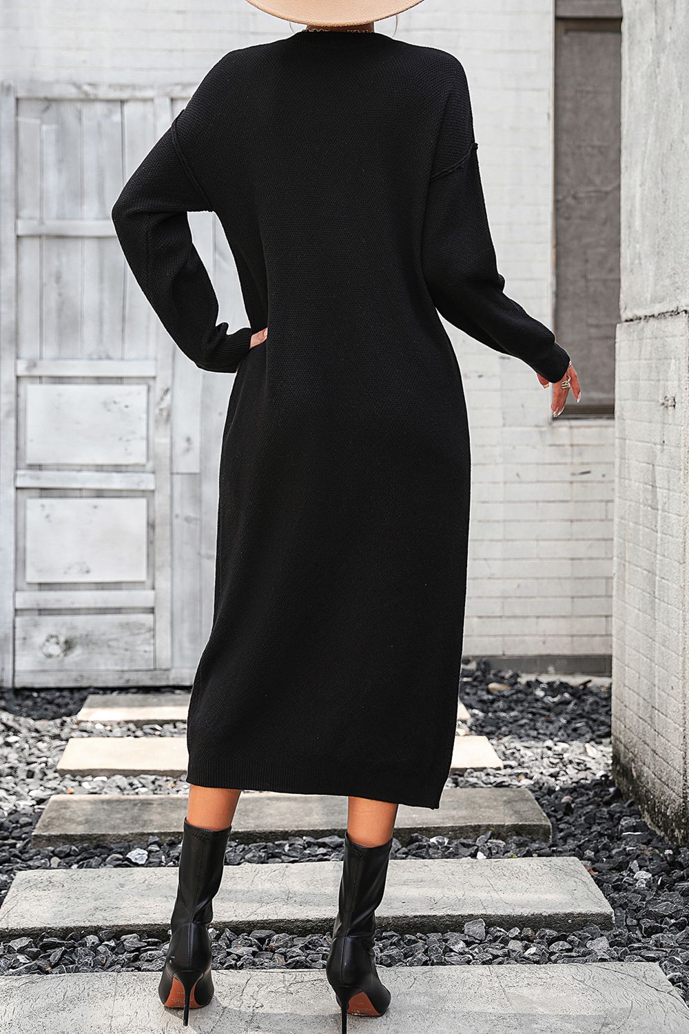 Decorative Button Notched Dropped Shoulder Sweater Dress - Siennasass