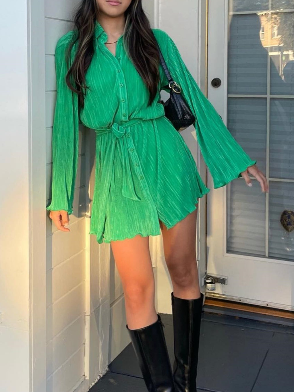 Tied Button Up Long Sleeve Dress - Siennasass