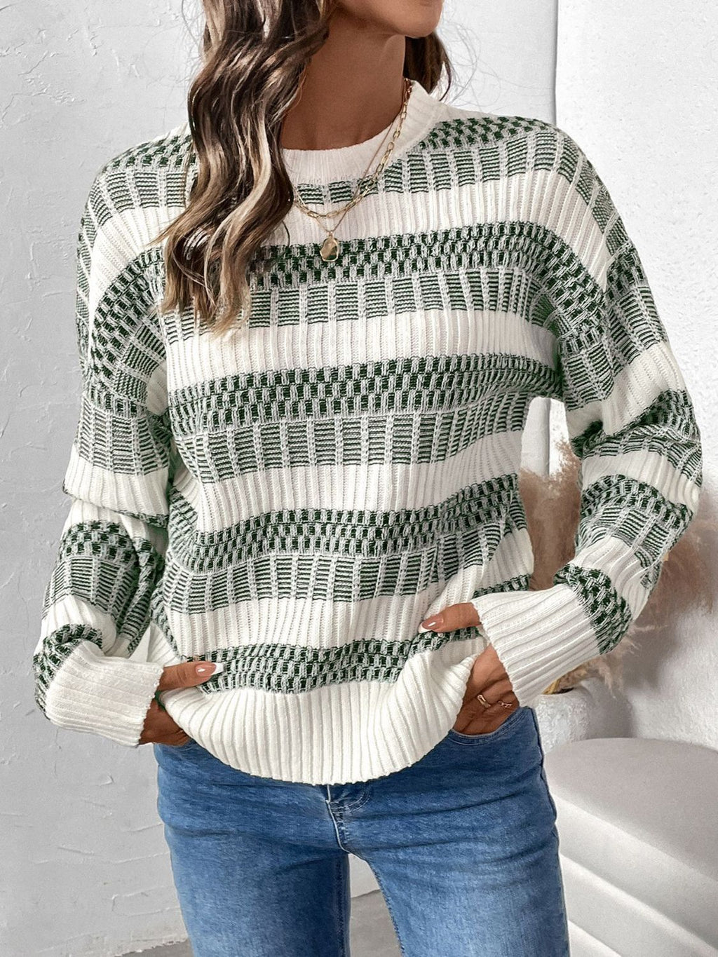 Perfee Contrast Round Neck Long Sleeve Sweater - Siennasass