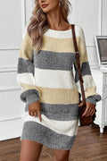Color Block Boat Neck Long Sleeve Sweater Dress - Siennasass