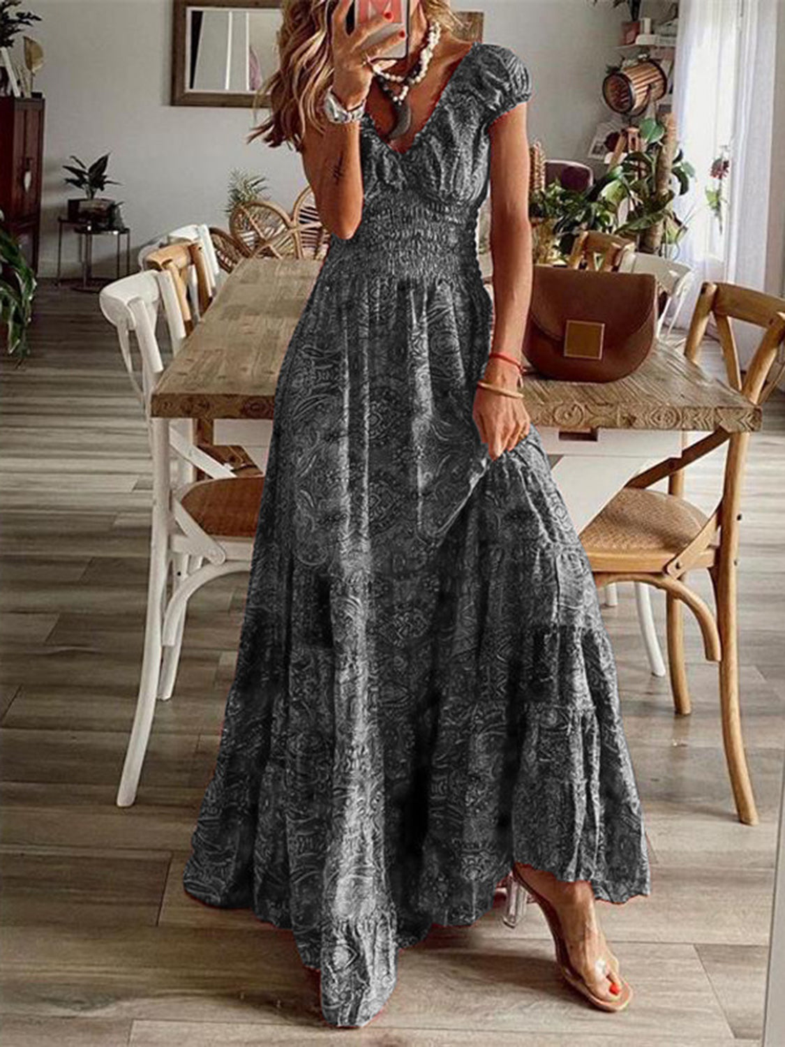 Full Size Smocked Printed V-Neck Short Sleeve Dress - Siennasass