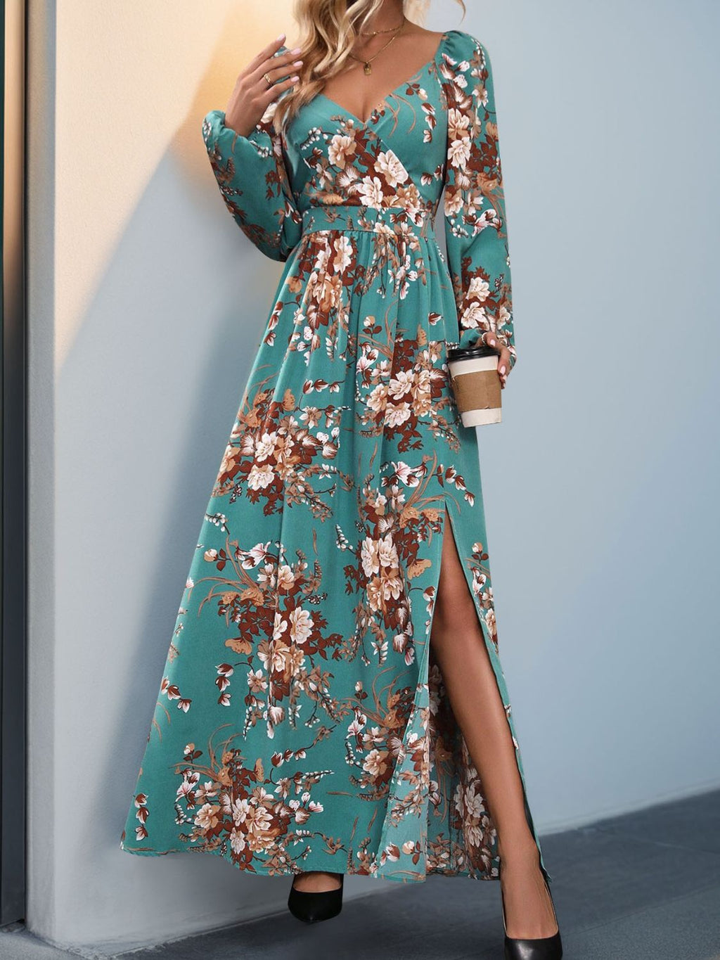 Slit Printed Surplice Long Sleeve Maxi Dress - Siennasass