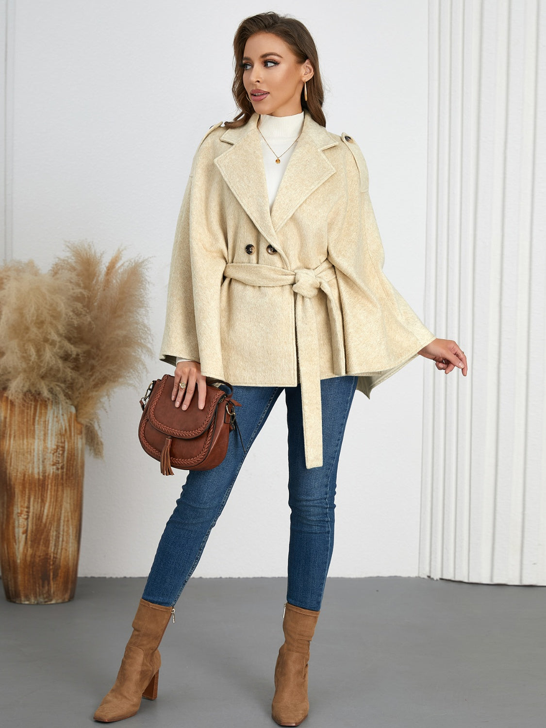 Double-Breasted Tie Waist Poncho - Siennasass