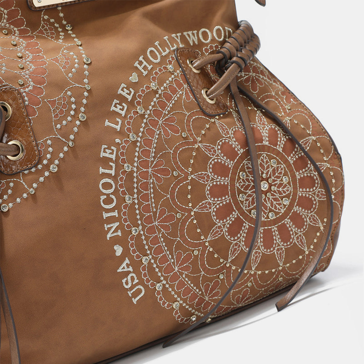 Nicole Lee USA Side Braided Tassel Inlaid Rhinestone Embroidery Hobo Bag - Siennasass