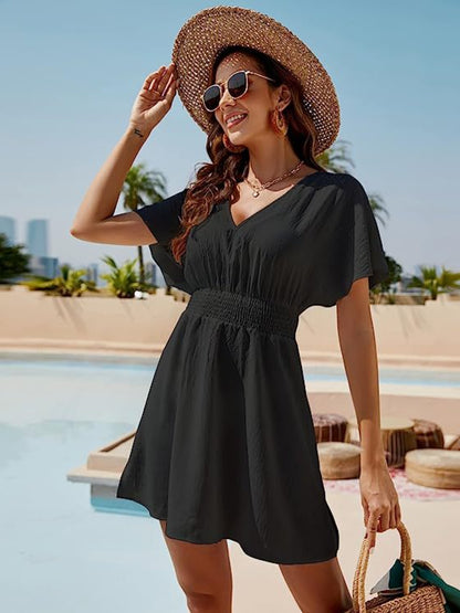 Smocked V-Neck Short Sleeve Dress - Siennasass