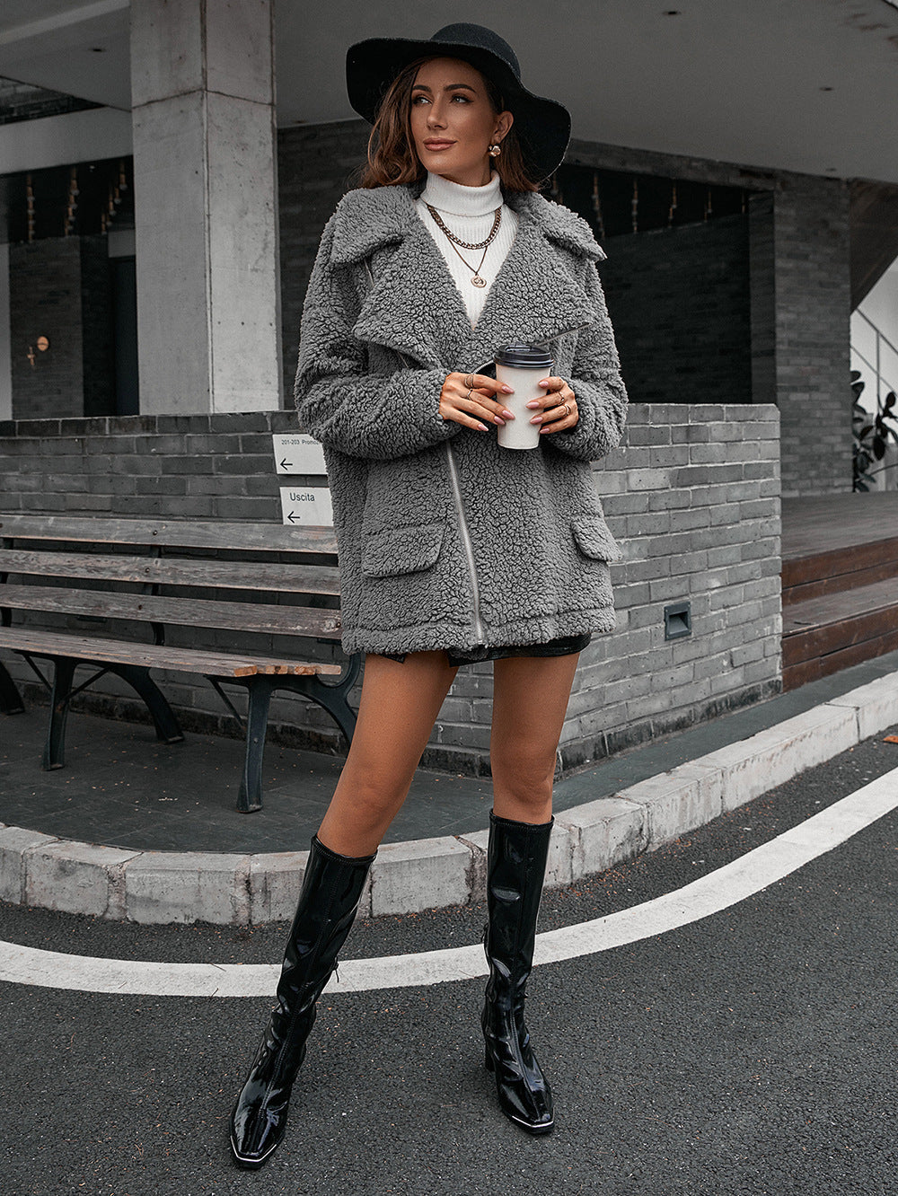 Zip-Up Collared Teddy Jacket - Siennasass