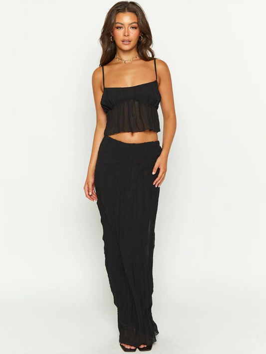 Square Neck Sleeveless Top and Ruched Skirt Set - Siennasass