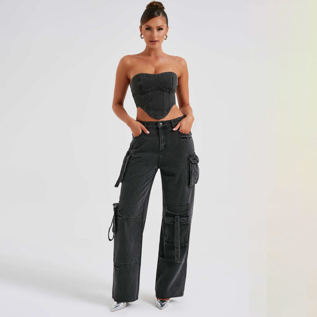 Low Waist Tube Top And Pocket Stitching Jeans Pants