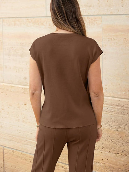 Round Neck Cap Sleeve Top and Pants Knit Set - Siennasass