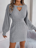 Cable-Knit Cutout Round Neck Slit Sweater Dress - Siennasass