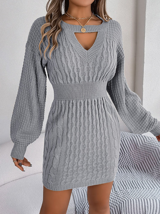 Cable-Knit Cutout Round Neck Slit Sweater Dress - Siennasass