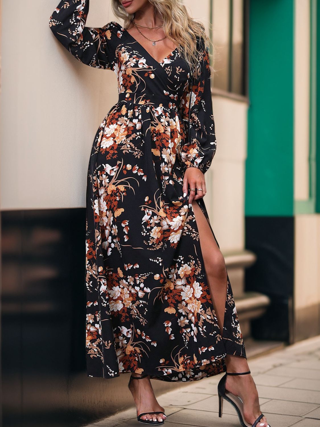 Slit Printed Surplice Long Sleeve Maxi Dress - Siennasass