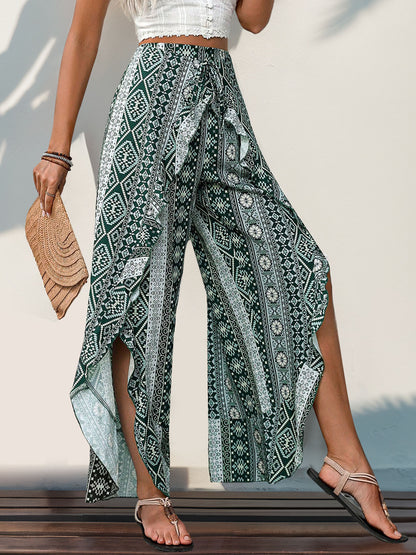 Slit Ruffled Geometric Wide Leg Pants - Siennasass