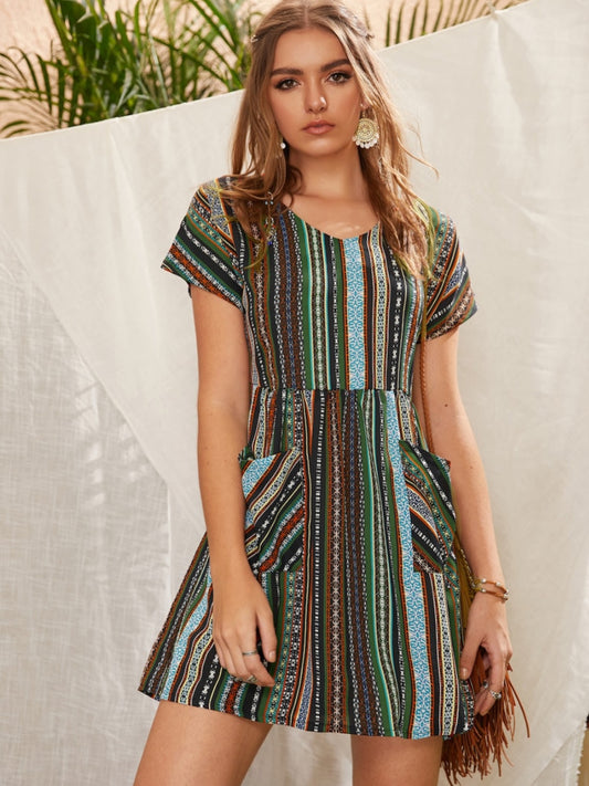 Pocketed Striped Short Sleeve Dress - Siennasass