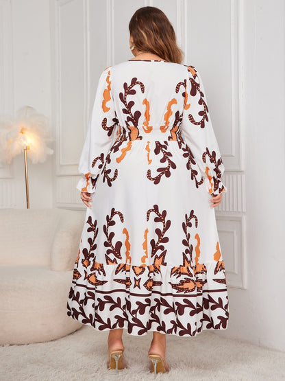 Plus Size Printed Surplice Flounce Sleeve Dress - Siennasass