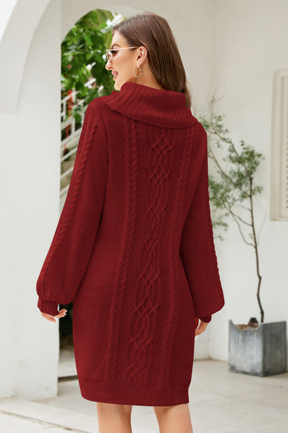 Woven Right Mixed Knit Turtleneck Lantern Sleeve Sweater Dress - Siennasass