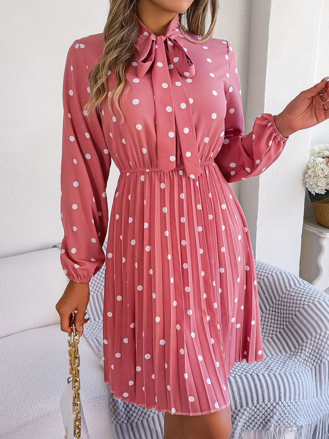 Polka Dot Tie Neck Pleated Dress - Siennasass