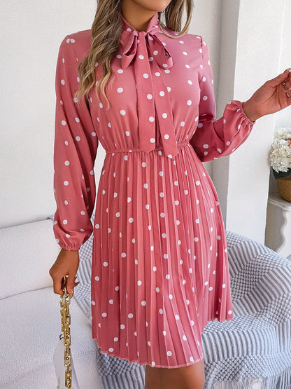 Polka Dot Tie Neck Pleated Dress - Siennasass