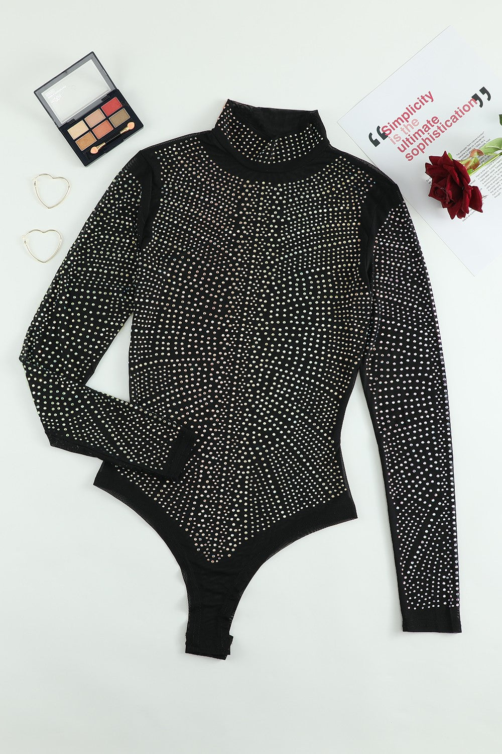 Rhinestone Mock Neck Long Sleeve Bodysuit - Siennasass