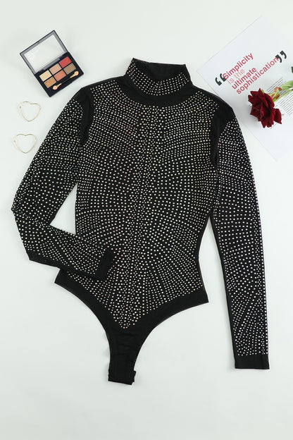 Rhinestone Mock Neck Long Sleeve Bodysuit - Siennasass
