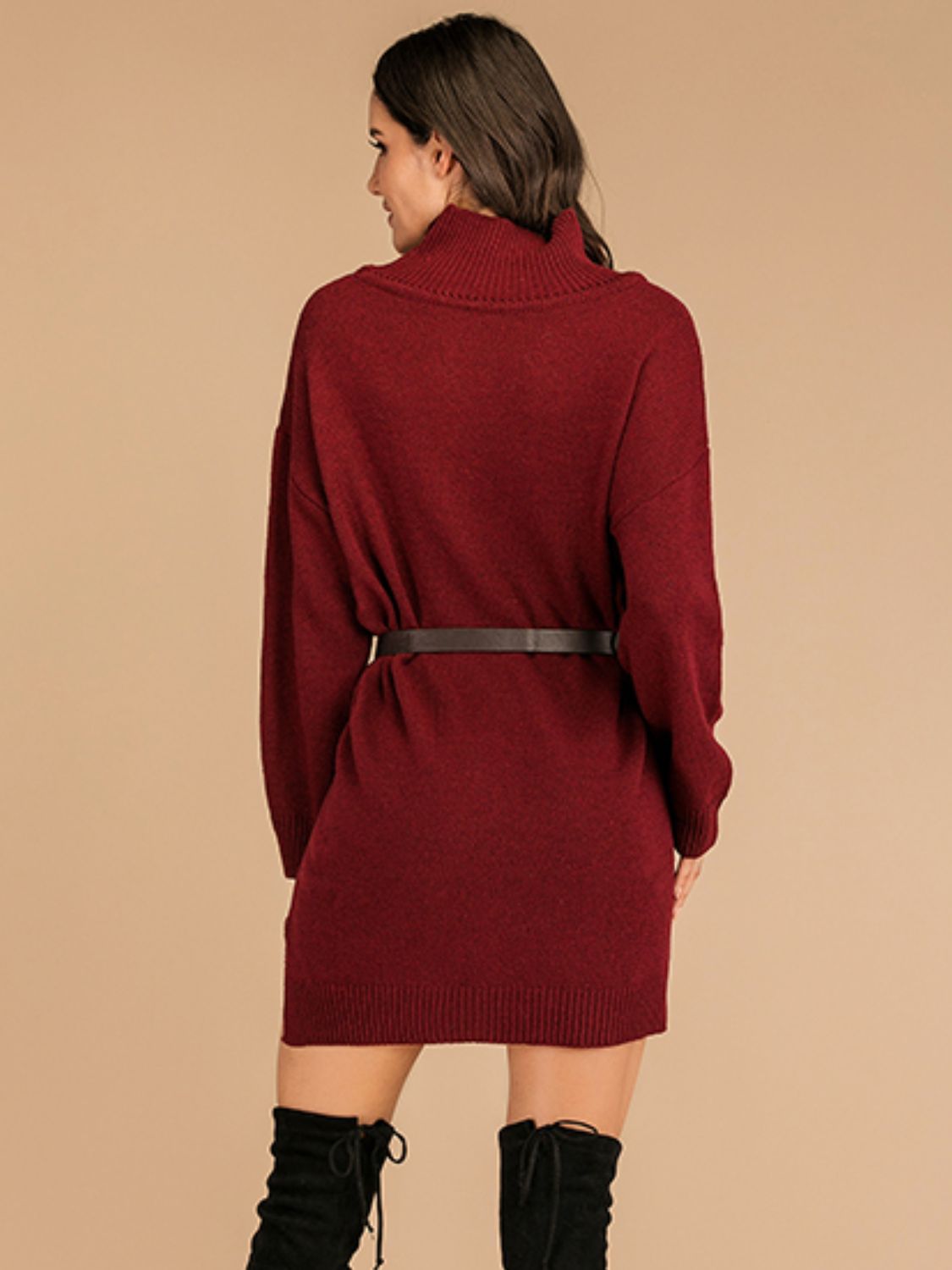 Perfee Slit Turtleneck Long Sleeve Mini Sweater Dress - Siennasass